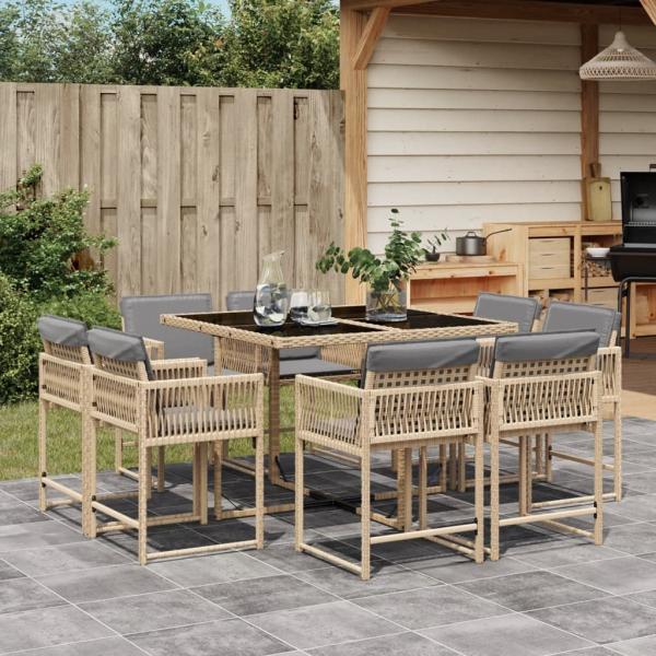 ARDEBO.de - 9-tlg. Garten-Essgruppe mit Kissen Beigemischung Poly Rattan