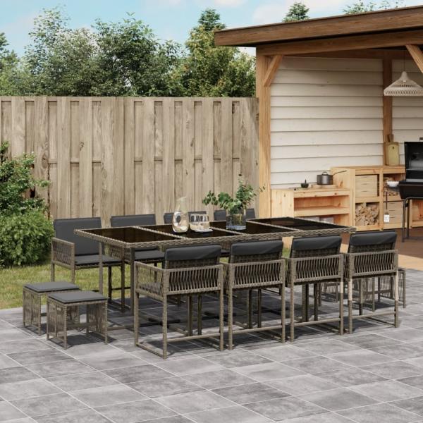 ARDEBO.de - 13-tlg. Garten-Essgruppe mit Kissen Grau Poly Rattan