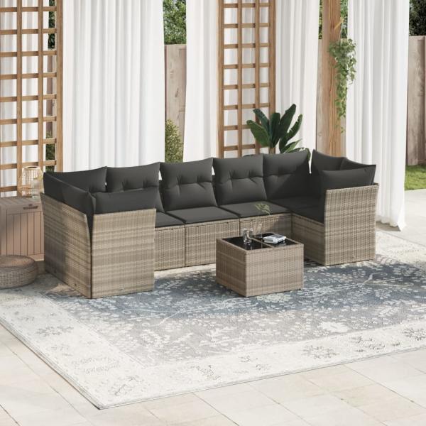 ARDEBO.de - 8-tlg. Garten-Sofagarnitur mit Kissen Hellgrau Poly Rattan