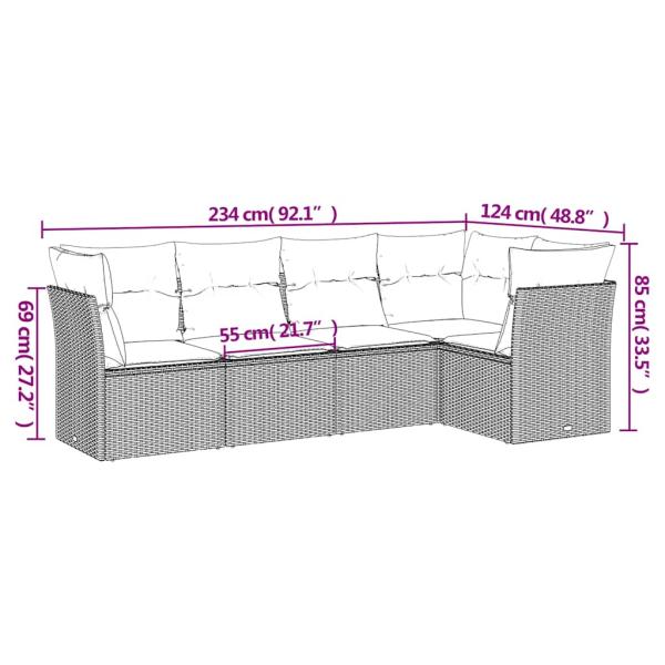 5-tlg. Garten-Sofagarnitur mit Kissen Hellgrau Poly Rattan