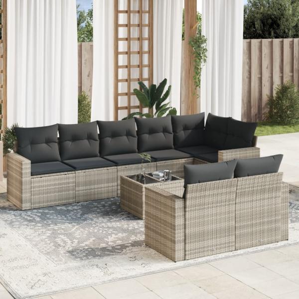 ARDEBO.de - 9-tlg. Garten-Sofagarnitur mit Kissen Hellgrau Poly Rattan