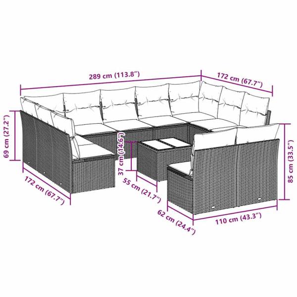 12-tlg. Garten-Sofagarnitur mit Kissen Hellgrau Poly Rattan