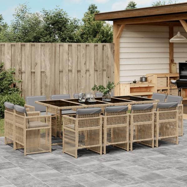 ARDEBO.de - 13-tlg. Garten-Essgruppe mit Kissen Beigemischung Poly Rattan