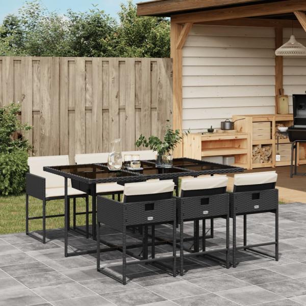 ARDEBO.de - 7-tlg. Garten-Essgruppe mit Kissen Schwarz Poly Rattan