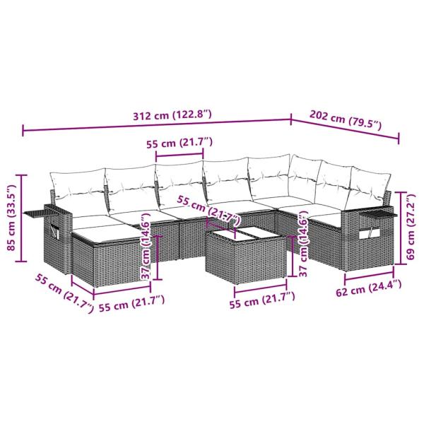 9-tlg. Garten-Sofagarnitur mit Kissen Hellgrau Poly Rattan