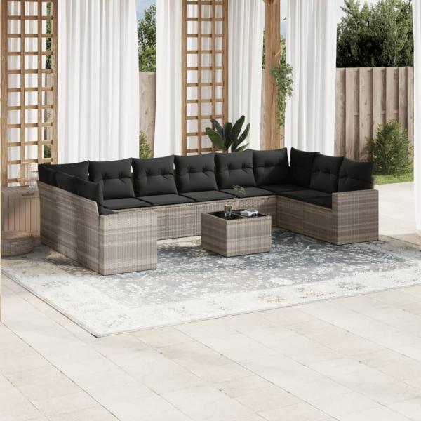 ARDEBO.de - 11-tlg. Garten-Sofagarnitur mit Kissen Hellgrau Poly Rattan