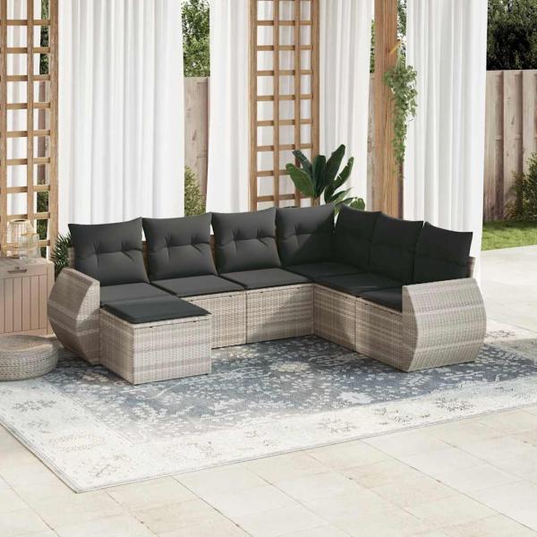 ARDEBO.de - 7-tlg. Garten-Sofagarnitur mit Kissen Hellgrau Poly Rattan