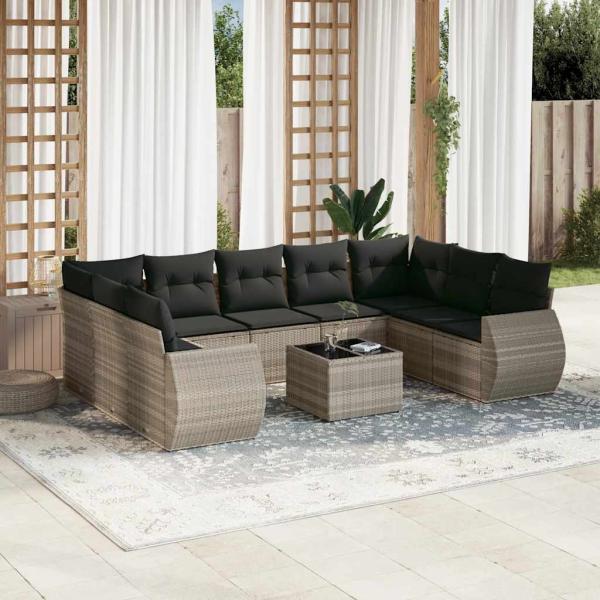 ARDEBO.de - 10-tlg. Garten-Sofagarnitur mit Kissen Hellgrau Poly Rattan