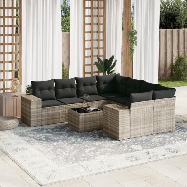 ARDEBO.de - 9-tlg. Garten-Sofagarnitur mit Kissen Hellgrau Poly Rattan