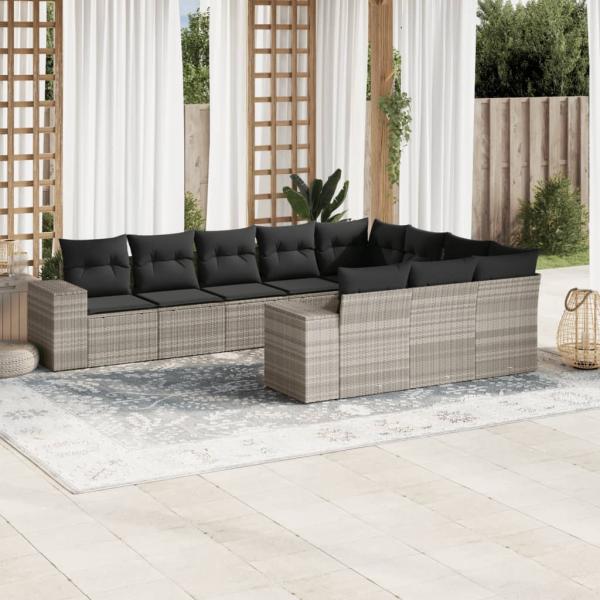 ARDEBO.de - 10-tlg. Garten-Sofagarnitur mit Kissen Hellgrau Poly Rattan