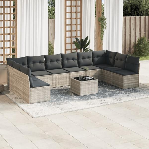 ARDEBO.de - 11-tlg. Garten-Sofagarnitur mit Kissen Hellgrau Poly Rattan