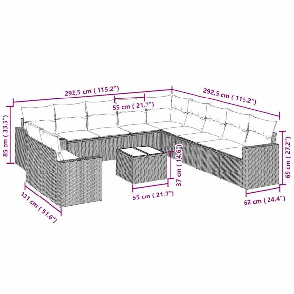 12-tlg. Garten-Sofagarnitur mit Kissen Hellgrau Poly Rattan