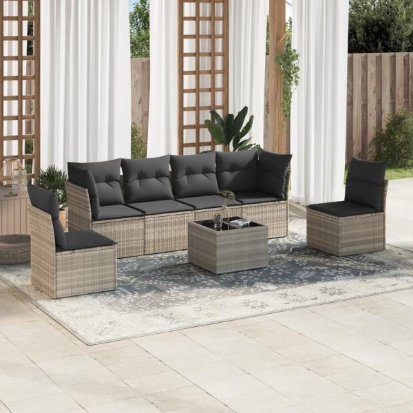 ARDEBO.de - 7-tlg. Garten-Sofagarnitur mit Kissen Hellgrau Poly Rattan