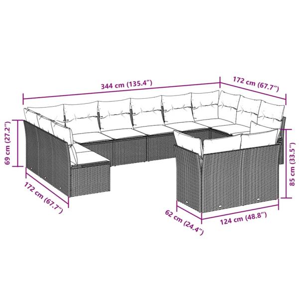 12-tlg. Garten-Sofagarnitur mit Kissen Hellgrau Poly Rattan