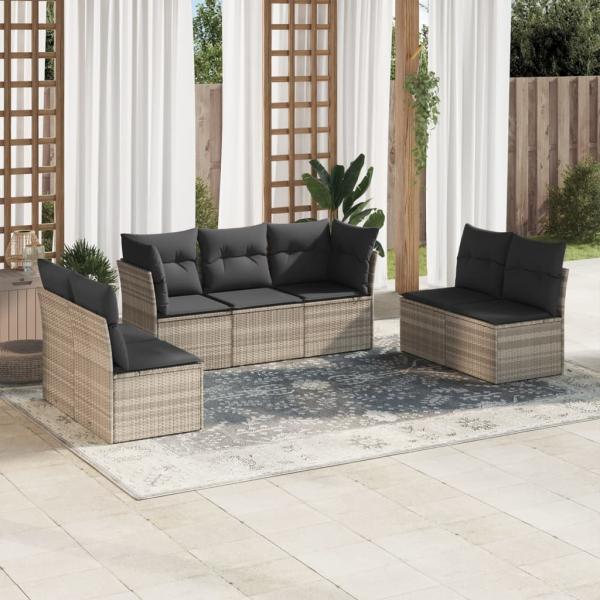ARDEBO.de - 7-tlg. Garten-Sofagarnitur mit Kissen Hellgrau Poly Rattan