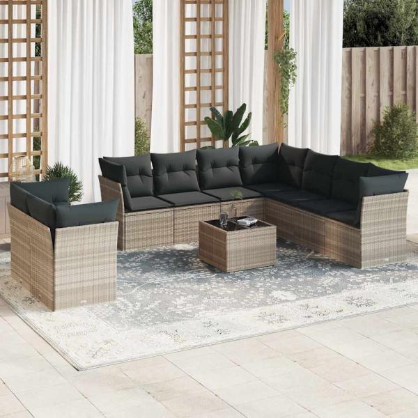 ARDEBO.de - 10-tlg. Garten-Sofagarnitur mit Kissen Hellgrau Poly Rattan