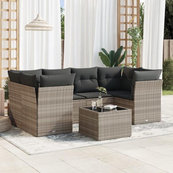 ARDEBO.de - 7-tlg. Garten-Sofagarnitur mit Kissen Hellgrau Poly Rattan