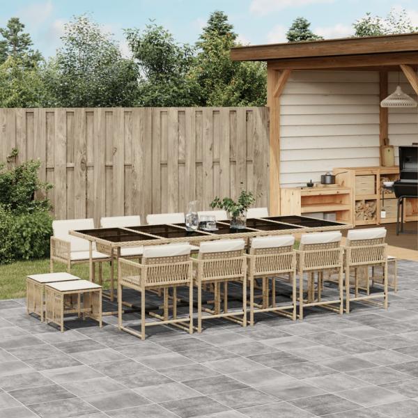 ARDEBO.de - 15-tlg. Garten-Essgruppe mit Kissen Beige Poly Rattan