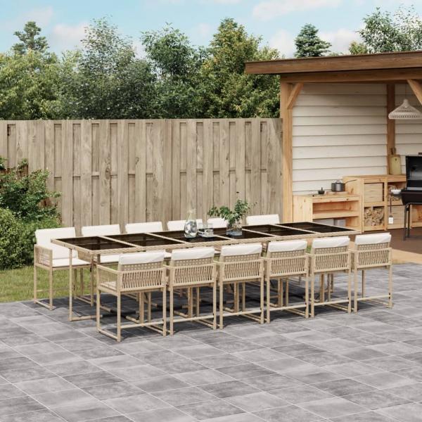 ARDEBO.de - 13-tlg. Garten-Essgruppe mit Kissen Beige Poly Rattan