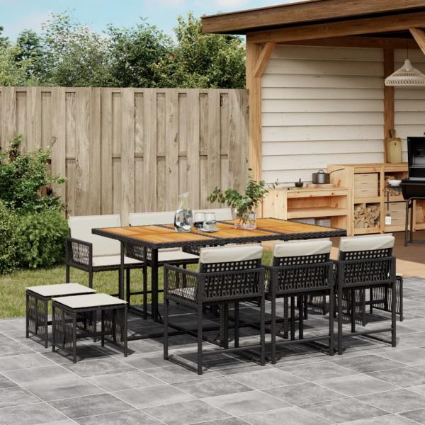 ARDEBO.de - 11-tlg. Garten-Essgruppe mit Kissen Schwarz Poly Rattan