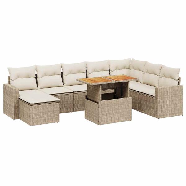 9-tlg. Garten-Sofagarnitur mit Kissen Beige Poly Rattan