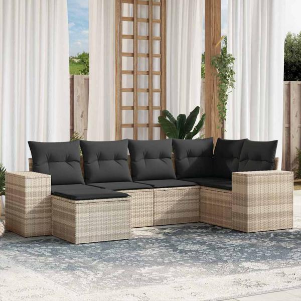 ARDEBO.de - 6-tlg. Garten-Sofagarnitur mit Kissen Hellgrau Poly Rattan