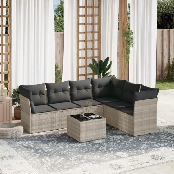 ARDEBO.de - 7-tlg. Garten-Sofagarnitur mit Kissen Hellgrau Poly Rattan