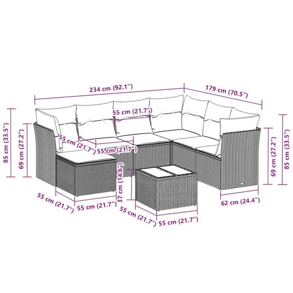 8-tlg. Garten-Sofagarnitur mit Kissen Hellgrau Poly Rattan