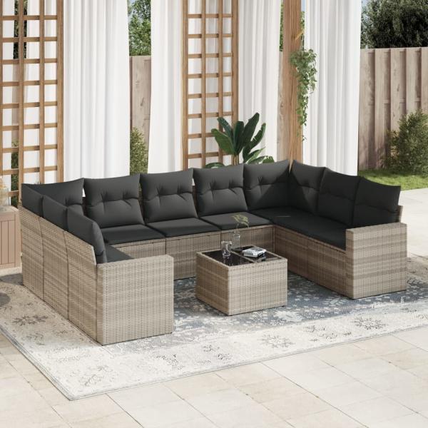 ARDEBO.de - 10-tlg. Garten-Sofagarnitur mit Kissen Hellgrau Poly Rattan