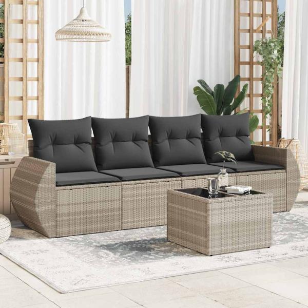 ARDEBO.de - 5-tlg. Garten-Sofagarnitur mit Kissen Hellgrau Poly Rattan