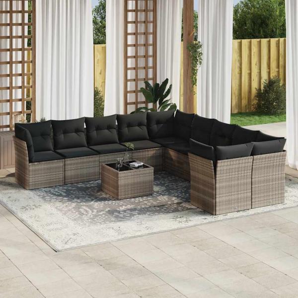 ARDEBO.de - 11-tlg. Garten-Sofagarnitur mit Kissen Hellgrau Poly Rattan