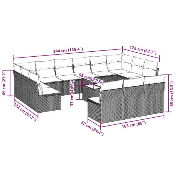 14-tlg. Garten-Sofagarnitur mit Kissen Hellgrau Poly Rattan