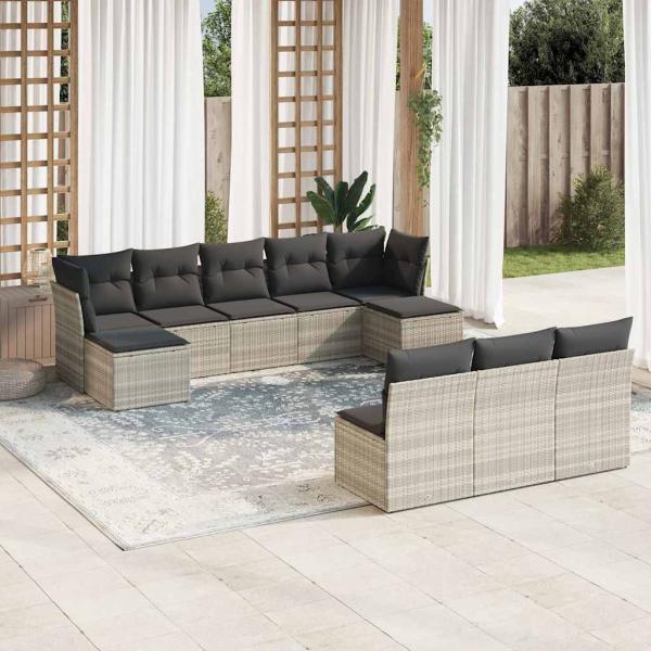 ARDEBO.de - 10-tlg. Garten-Sofagarnitur mit Kissen Hellgrau Poly Rattan