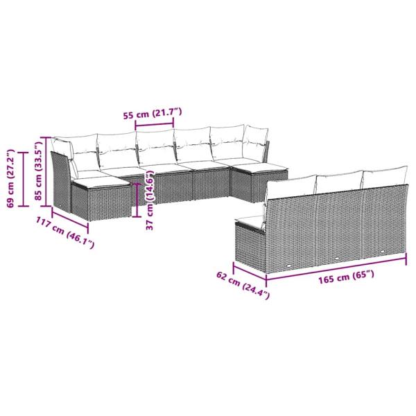 10-tlg. Garten-Sofagarnitur mit Kissen Hellgrau Poly Rattan