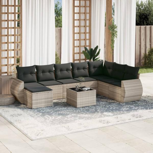ARDEBO.de - 9-tlg. Garten-Sofagarnitur mit Kissen Hellgrau Poly Rattan