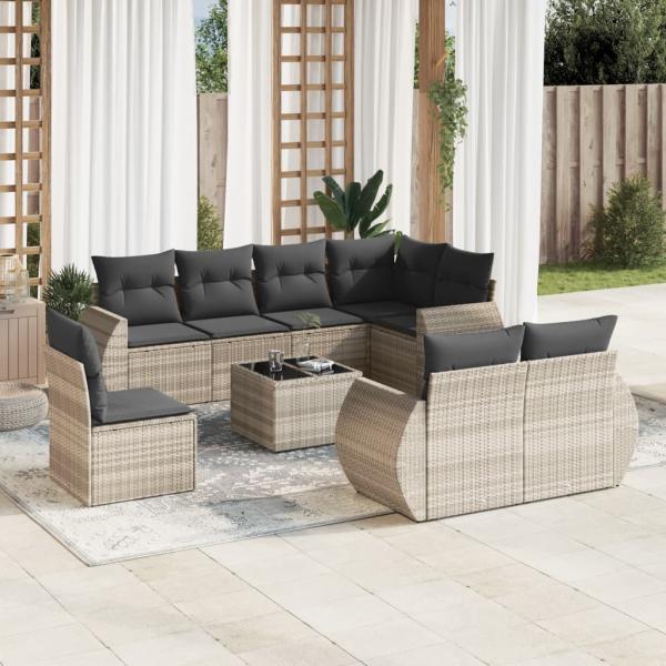 ARDEBO.de - 9-tlg. Garten-Sofagarnitur mit Kissen Hellgrau Poly Rattan