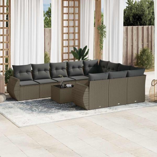 ARDEBO.de - 11-tlg. Garten-Sofagarnitur mit Kissen Hellgrau Poly Rattan