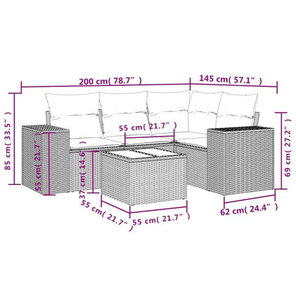 5-tlg. Garten-Sofagarnitur mit Kissen Hellgrau Poly Rattan