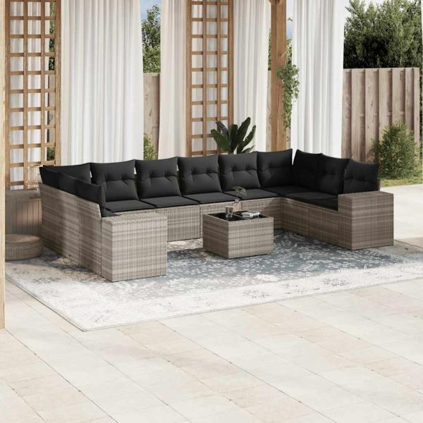 ARDEBO.de - 11-tlg. Garten-Sofagarnitur mit Kissen Hellgrau Poly Rattan