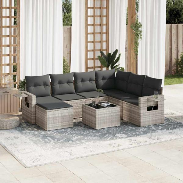 ARDEBO.de - 8-tlg. Garten-Sofagarnitur mit Kissen Hellgrau Poly Rattan