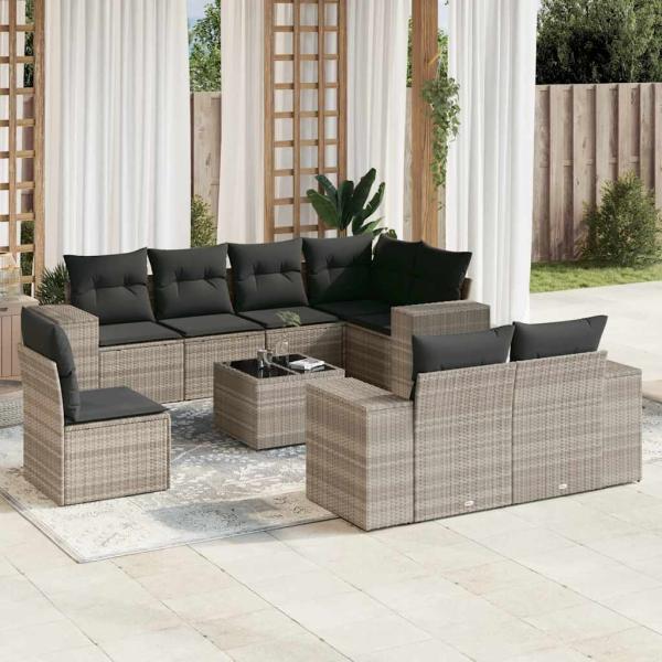 ARDEBO.de - 9-tlg. Garten-Sofagarnitur mit Kissen Hellgrau Poly Rattan