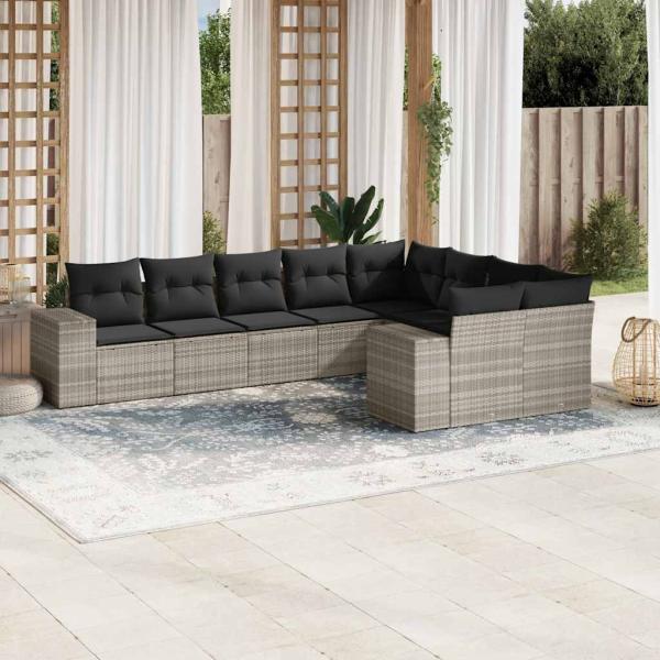 ARDEBO.de - 9-tlg. Garten-Sofagarnitur mit Kissen Hellgrau Poly Rattan