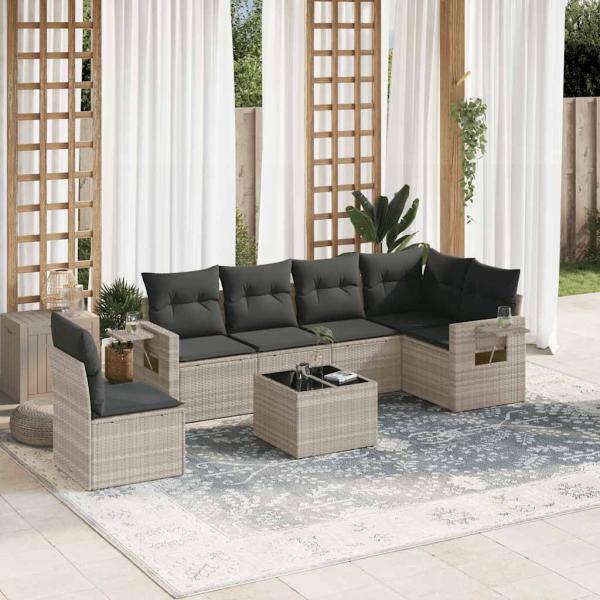 ARDEBO.de - 7-tlg. Garten-Sofagarnitur mit Kissen Hellgrau Poly Rattan
