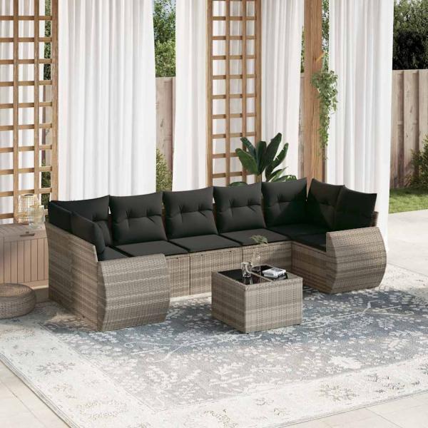ARDEBO.de - 8-tlg. Garten-Sofagarnitur mit Kissen Hellgrau Poly Rattan