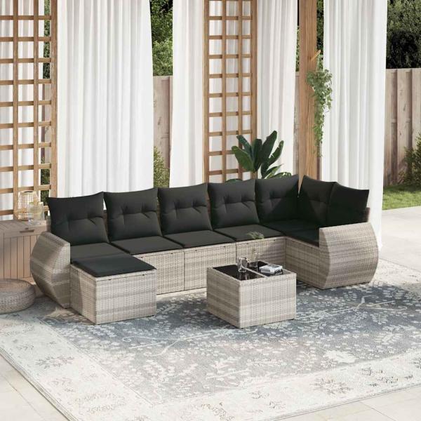 ARDEBO.de - 8-tlg. Garten-Sofagarnitur mit Kissen Hellgrau Poly Rattan