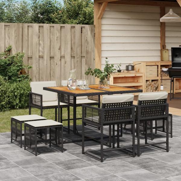 ARDEBO.de - 9-tlg. Garten-Essgruppe mit Kissen Schwarz Poly Rattan