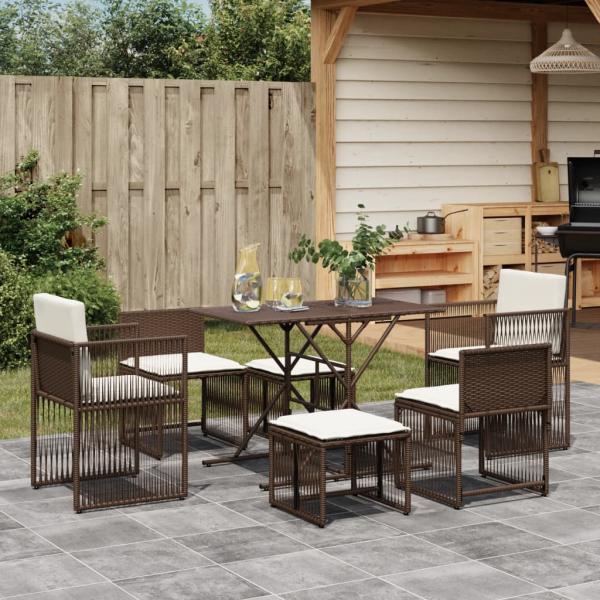 ARDEBO.de - 7-tlg. Garten-Essgruppe mit Kissen Braun Poly Rattan