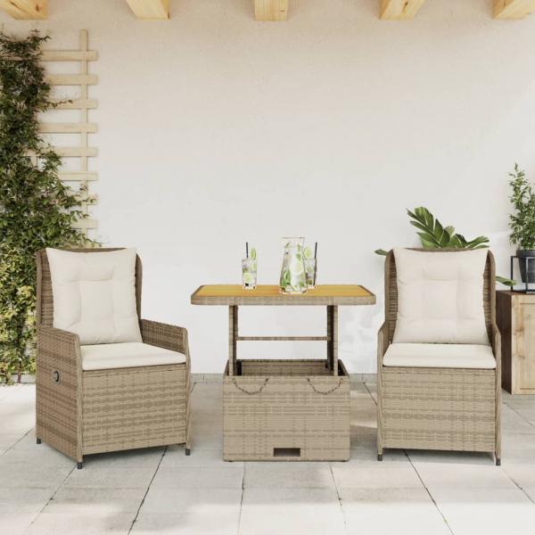 ARDEBO.de - 3-tlg. Bistro-Set mit Kissen Beige Poly Rattan