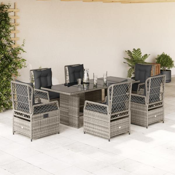 ARDEBO.de - 7-tlg. Garten-Essgruppe mit Kissen Grau Poly Rattan