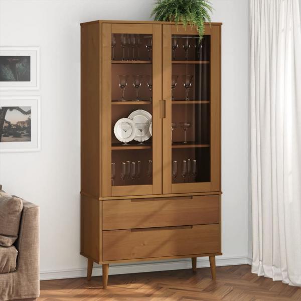 ARDEBO.de - Vitrinenschrank MOLDE Braun 90x35x175 cm Massivholz Kiefer